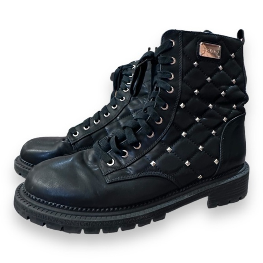 Women’s 11 Bebe Black Dorienne Studded Quilted Lace Up Combat Boot